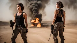 beautiful slender caucasian female technician, black tank top, well toned muscles, weathered face, scratched sand camo metal details, short brunette wavy bob haircut, dystopian, desert scene with smoke and explosions, bloody wounds