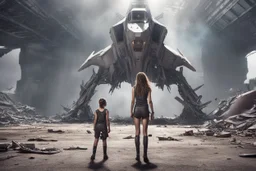 Beautiful girl with rainbow eyes, warrior, strong, sad, resilient, defiant, full body, with family of 5 beside her, defending, Masterpiece, best quality, cinematic lighting, futuristic, standing in front of crashed spaceship, tough stance.