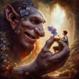 Kindness is everwhere Created in Remix: A grand Pre-Raphaelite style painting with intricate details, rendered in stunning 8k resolution. In the center, a colossal troll tenderly presents a delicate pansy on his fingertip to a young boy, capturing a moment of unexpected tenderness in a mythical world. Rich colors, intricate brush strokes, and emotional expressions elevate the scene to a masterful work of art.