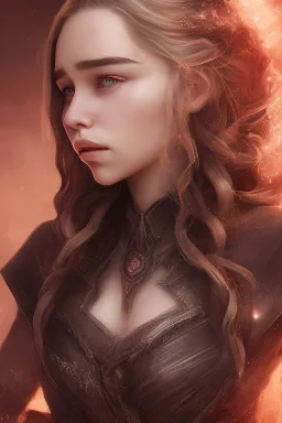 Perfect Emilia clarke face, dragon armor, fullbody, intricate, highly detailed face, highly realistic, fog, fire, particles