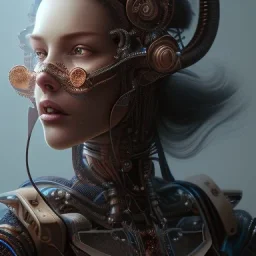 cyborg portret, high lights, rusted, diffuse lighting,polished, intricate,highly detailed, digital painting, illustration, concept art, horns,copper