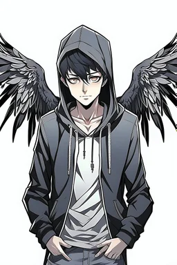 Anime man with black wings realistic, wearing a hoodie