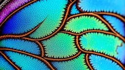 A high-magnification image of butterfly wing scales, showing their beautiful iridescent, overlapping structure. The photomicrograph captures the shimmering blues, greens, and purples in exquisite detail. Beautiful award-winning photograph, inspiring, rule of thirds, balanced delightful composition, perfect lighting, superb detail, 16k render