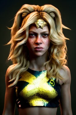 portrait, Shakira, blonde, angry, Realistic image, superhero, retro, watchmen style, gold make-up, blood, sweat, fog, goddess style, Neon colors, leds. Black background, photo studio, concept art, smooth, unreal engine 5, god lights, ray tracing, RTX, lumen lighting, ultra detail, volumetric lighting, 3d, finely drawn, high definition, 4k.