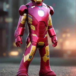 Iron man toddler, real, full body, tokio background, dramatic lighting, hyper realistic, 8k