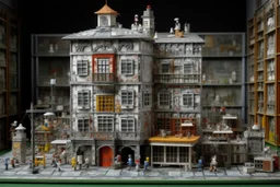 A gray factory made out of toys designed in German folk art painted by Claude Monet