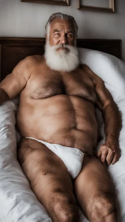 photography of a sicilian big giant chubby man 65 years old, white beard, very hairy, shirtless, manly chest, lying down in the bed relaxing, aerial view, big shoulders, manly shoulders, dim lights, side light, white sheets, photorealistic, photographic, 32k