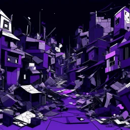 A dark purple district covered in trash in Constructivism art style