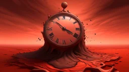 Ilustración surrealista de un reloj derretido enterrado en carne pétrea en medio de un desierto de cenizas con cielo rojo apagado