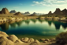 lagoon, rocks, distant mountains, arid land, desert, pond, rocks, distant city, epic