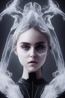 All Black suit AnnaSophia Robb racing, portrait, ghost mask, wearing high tech mask, white smoke, dark, rage, sorrow, high definition, ultra 8 k, volumetric lighting, blue fire, fog