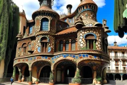 A brown palace made out pottery painted by Antoni Gaudi