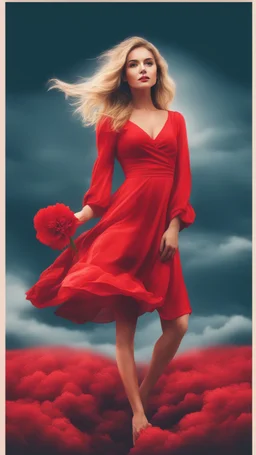 Beautiful a blonde lady wearing a Red dress holding a red flowers in a red sky and background and red cloud all picture is in red colours