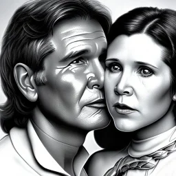 old carrie fisher embracing harrison ford, waist up portrait, photorealistic faces, intricate, oil on canvas, masterpiece, expert, insanely detailed, 4k resolution, cinematic smooth, intricate detail , soft smooth lighting, soft pastel colors,