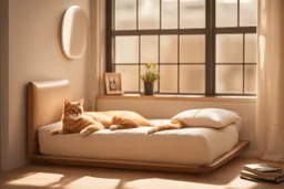 Lifelike cat-shaped bed with a cat lying on it in an elegant bedroom, bedside table, window, pictures on the walls in sunlight.