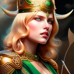 portrait 'beautiful Sexy Busty Blonde Sif',long hair,horned helmet, celtic tattoed,crystal clear green eyes,painting by gaston bussiere, greg rutkowski, yoji shinkawa, yoshitaka amano, tsutomu nihei, donato giancola, tim hildebrandt, oil on canvas, cinematic composition, extreme detail,fit full head inside picture,32k