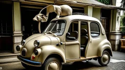 Un Fiat 600 clásico de color crema aparece completamente deformado por la presencia de un enorme elefante adulto en su interior: el techo está ligeramente elevado, las puertas permanecen abiertas y las ventanillas parecen demasiado pequeñas para contener al animal. El elefante permanece sorprendentemente tranquilo, con la cabeza asomando por el techo abierto y la trompa extendida hacia el exterior. El coche se encuentra en medio de un paisaje rural italiano, junto a una pequeña carretera y un ca