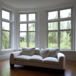 Living room with a big double window, white Beaux Arts architecture,interior design,point of perspective