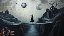 painted inner world with neurodivergens mind and soul, floating doors over surreal cracked weird landscape . one thin bridge over big black river, alone human woman figure black shilutte in big hat in neuoron web. deep dark colors, with silver and black. Whimsical strange style of Chagall, and of Anton Semenov. weird absurd beauty nightmare, black shadows, in background cyber neuronic network, surreal vibe, nightmare