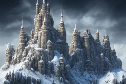 fortress like minas tirith on the side of a singular snowy mountain with a single tiny man standing infront of it in dark fantasy style with dark sky