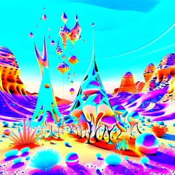 Bright, glittering, 3d, steel-like, surreal objects in a bright environment, desert, night light, melting cream, Yves Tanguy style