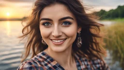 Hyper Realistic Close-up-view of Young-Happy-Pashto Woman with beautiful eyes wearing checkered-patterned dress Smiling on riverside & long-grass at cloudy sunset with dramatic ambiance