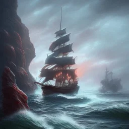 big ship from a nightmare between red rocky cliffs, book cover, fantasy art, sandy beach, water, reflection, misty, detailed