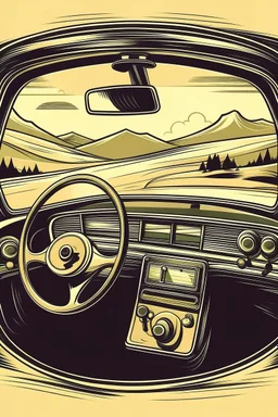 A vintage car phone with a curly cord, attached to the dashboard of a classic automobile. A scenic mountain highway stretches out in the background through the open window. Style: Retro travel, Mood: Adventurous, Lighting: Warm sunlight streaming through the window, T-shirt design graphic, vector, contour, white background.