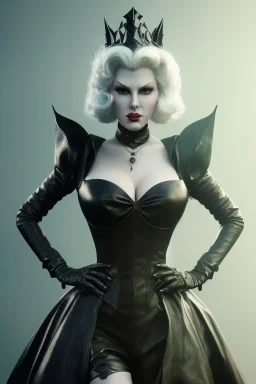 Lana Turner as evil queen in black leather, leather, busty, cleavage, angry, stern look. character design by cory loftis, fenghua zhong, ryohei hase, ismail inceoglu and ruan jia. unreal engine 5, artistic lighting, highly detailed, photorealistic, fantasy