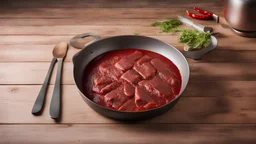 red beef pan on a wooden surface in the kitchen