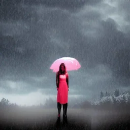 A princess standing. Epic scale. Heavy cold rain. Epic Thunderstorm. An engineer looking up. Futuristic scenary. Gray mist.