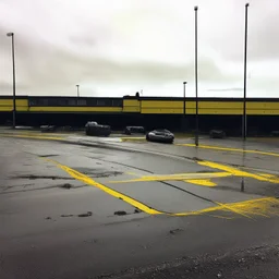 Minimal abstract oil paintings desolate 1960s carpark concrete fragments. Yellow road markings. style of Justin Mortimer and Francis Bacon.