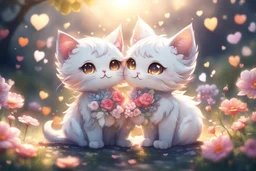 Cute chibi anime cat couple in love, flowers in sunshine, heart and love, watercolor and black ink outlines, ethereal, cinematic postprocessing, bokeh, dof Weight:1 detailed matte painting, deep color, fantastical, intricate detail, splash screen, complementary colors, fantasy concept art, 8k resolution trending on Artstation Unreal Engine 5 Weight:0.9