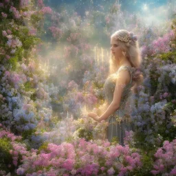 bright fairy, beautiful portrait of swedish beautiful girl with long hair blond and blue eyes, flowery a magical crystal flower lys bougainvillier, blue gold house indian palace castle in the woods, magnolias pink,blue lake,sun,white swanns,pink vertical, blue lake,sharp, vines, candlelit, endor, ornate, elegant, highly detailed, artstation, concept art, smooth, sharp focus, illustration, 8k, splash art, wallpaper, key visual