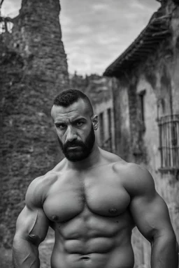 half figure shot photography of a burly ugly 30 year old italian boxer with big broken nose, very long muslim black beard, muscular beefy man shirtless, manly chest, big shoulders, short hair, photorealistic