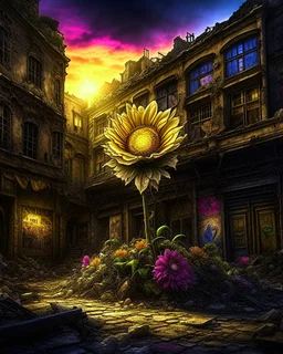 flower of peace blooming on damaged building in war torn city, capturing the essence of hope amidst chaos, this digital painting showcases an intricate and highly detailed portrayal, the warm lighting bathes the scene, casting a soft glow on the flower petals, while the rest of the city remains in shadows, the sharp focus ensures every intricate detail of the flower and the building's destruction is visible, this thought-provoking artwork, Trending on Artstation, combines elements of realism an