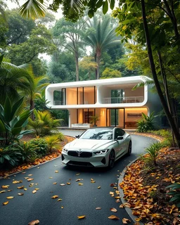 Cozy retreat, futuristic modern house in an tropical forest of vibrant colors. Contemporary design, clean lines and large windows, radiate a feeling of warmth and comfort. A white car parked on the winding road that leads to the house gives a touch of modernity to the rustic surroundings. The path is scattered with leaves. Around the house, mix of green, blue and yellow foliage. 8k