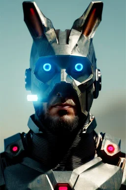 Medium Close Up Portrait, Front image. cyborg, cyberpunk, rabbit mask, strong man, short hair and beard. Carbon suit army, leds. Red, blue, color. camouflage style. Color background, photo studio. highly detailed, concept art, smooth, unreal engine 5, ray tracing, RTX, lumen lighting, ultra detail, volumetric lighting, 3d, finely drawn, high definition, high resolution.