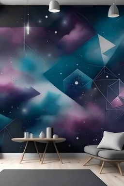 Create a handpainted geometric wall mural inspired by a galactic dream. Utilize galactic purple, celestial blue, starlight silver, and nebula pink to create a cosmic and dreamlike atmosphere. The mural should evoke a sense of wonder and transport viewers to a fantastical space."