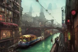 Corner Elevated Train run raid Train Canal River and corner shop greengrocer in colorful Italian street+Gothic city+BioShock+Dishonored+Bloodborne +trieste+Edinburgh+Chicago+victorian London+decòpunk Skyscraper+ +steampunk+biopunk+alphonse mucha, greg rutkowski,matte painting, cryengine, hyper detailed, felix kelly, fantasy art, seb mckinnon