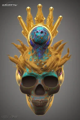 black male African alien, cracks in the voodoo head, wicked, diamond eyes, crown, blood, 8k, finely detailed, photo realistic, leopard style turquoise skull head gold dragon space alien rain skeleton gold teeth silver crown silver space suit spaceships