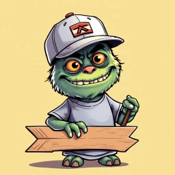 cartoon monster wearing a ballcap and T-shirt holding an arrow sign with handle, on solid color background