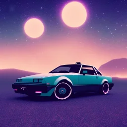 1980's aesthetic vaporwave car glowing in a dark field at night