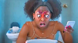 confused black lady with cellphone on the toilet