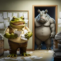 in front the camera be seen up to the waist a fat yellow-green color angry anthropomorphic frog in simple human cloths and take his hands many paper in office, on the wall hang an wall board with some written sheets of paper, behind in background an big strong gray anthropomorphic rhinoceros standing in blue jeans , t-shirt behind in halb open door , dark colors, detailed 3d, sci-fi, fantasy mood