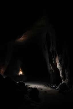 a dark cave, a torch is burning on the wall