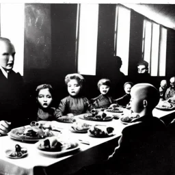 Creepy old photo of ginger alien people sitting at dinner with scared children