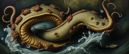 master oil painting by Rembrandt, good afternoon Tidecoil "A serpentine sea monster twisting like a living whirlpool, covered in slimy scales and barnacle growths, long whip-like tendrils, eyes that float independently along its body, constantly in motion, churning water into a storm around it."