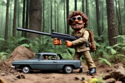 [1960’s stop-motion animation style in woods] a 70s rifle gun advertisement video TV featuring a crazy artist with black goggles brown curly hair and a grayish beard in combat fatigue holding a hunting rifle in front of his international scout automobile as a claymation character toy from a claymation horror movie in burning rainbow land, from hell, creepy Videos, eyeballs and trees everywhere , as old advertisement shot on video VHS