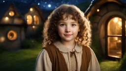 Little very young hobbit girl, beautiful, confident, calm, wise, happy, innocent, facing camera, head and shoulders, curly hair, hobbit clothing, perfect eyes, LOTR village, hobbit homes with circular windows and circular doors, night scene, stars, fireflies, 16k artistic photography, exquisite composition, photorealistic concept art, soft natural volumetric light, chiaroscuro, award-winning photograph, masterpiece, style William-Adolphe Bouguereau